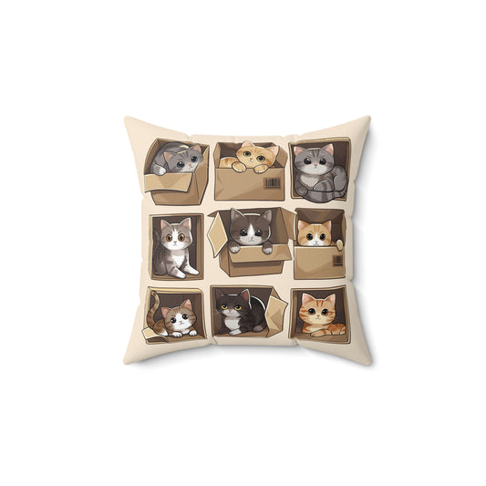 Cat in Boxes Pillow | Spun Polyester Square Pillow | Sand | Furry Novation