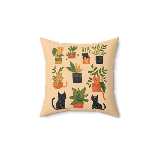 Cat With Plants Pillow | Spun Polyester Square Pillow | Sand | Furry Novation