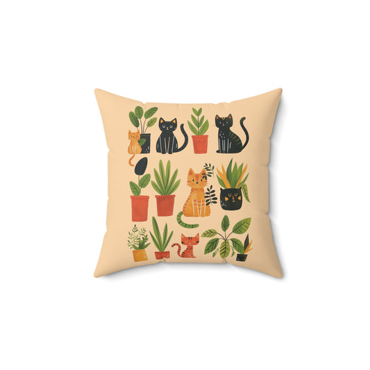 Cat With Plants Pillow | Spun Polyester Square Pillow | Sand | Furry Novation