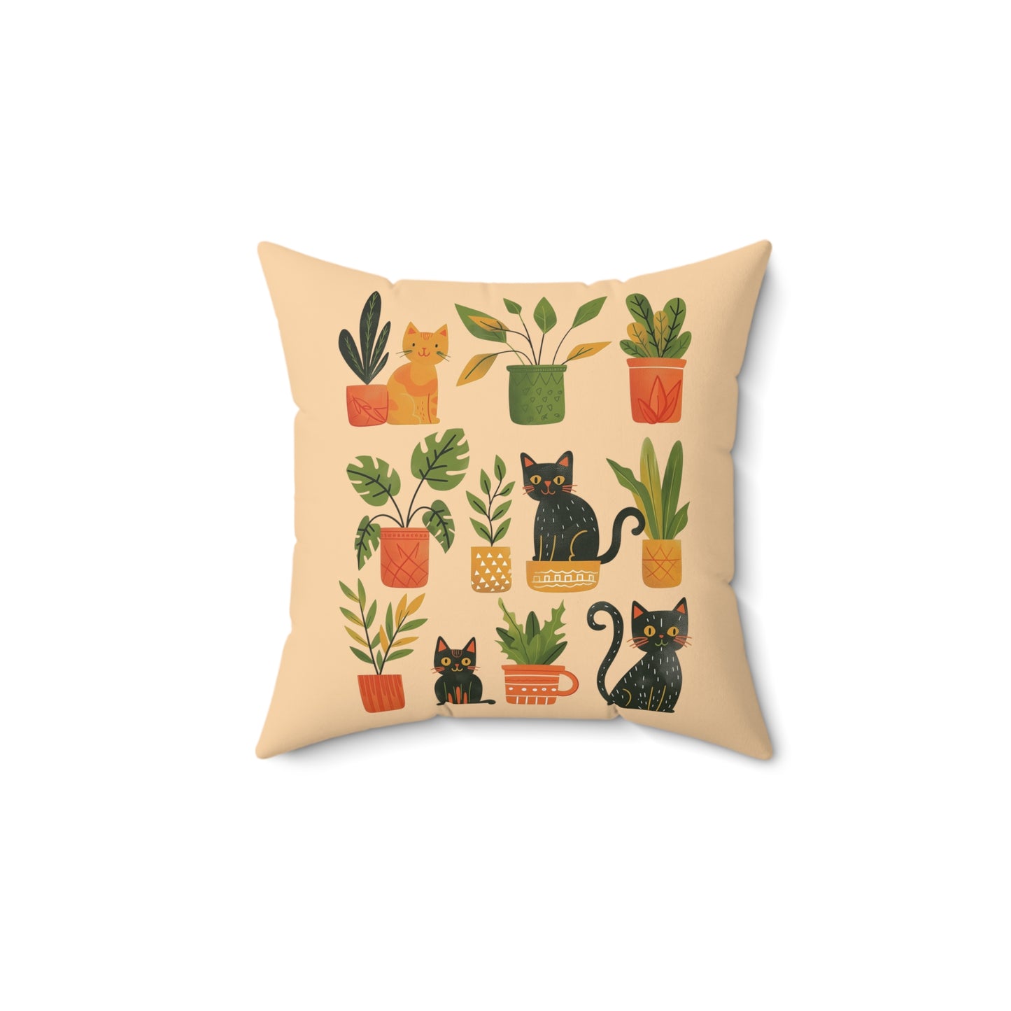 Cat With Plants Pillow | Spun Polyester Square Pillow | Sand | Furry Novation