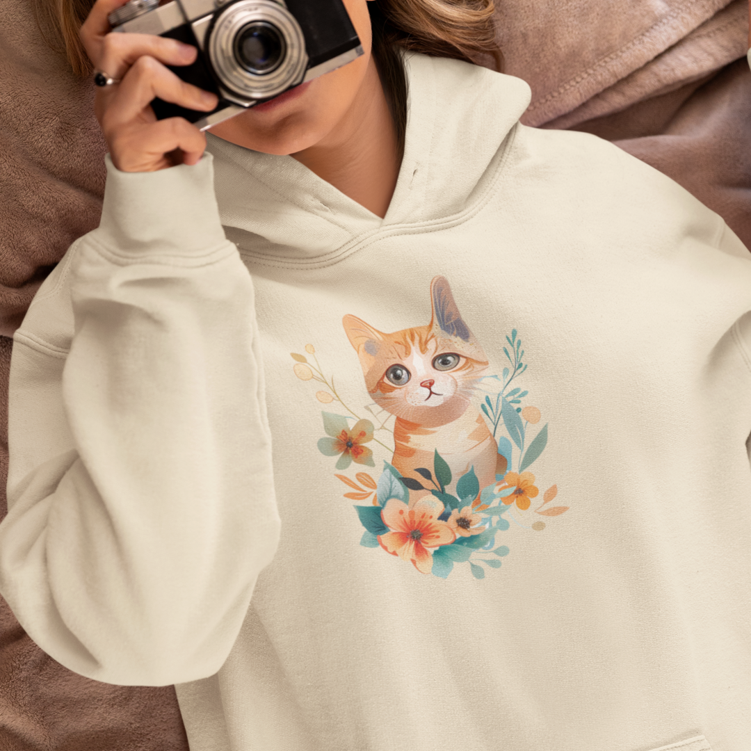 Flower With Orange Cat Hoodie | Cat Hoodie | Hoodie | Furry Novation