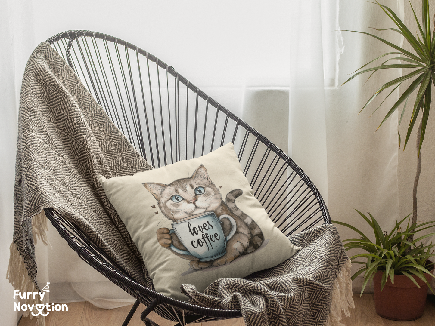 Cat Graphic Pillow | Spun Polyester Square Pillow | Sand | Furry Novation